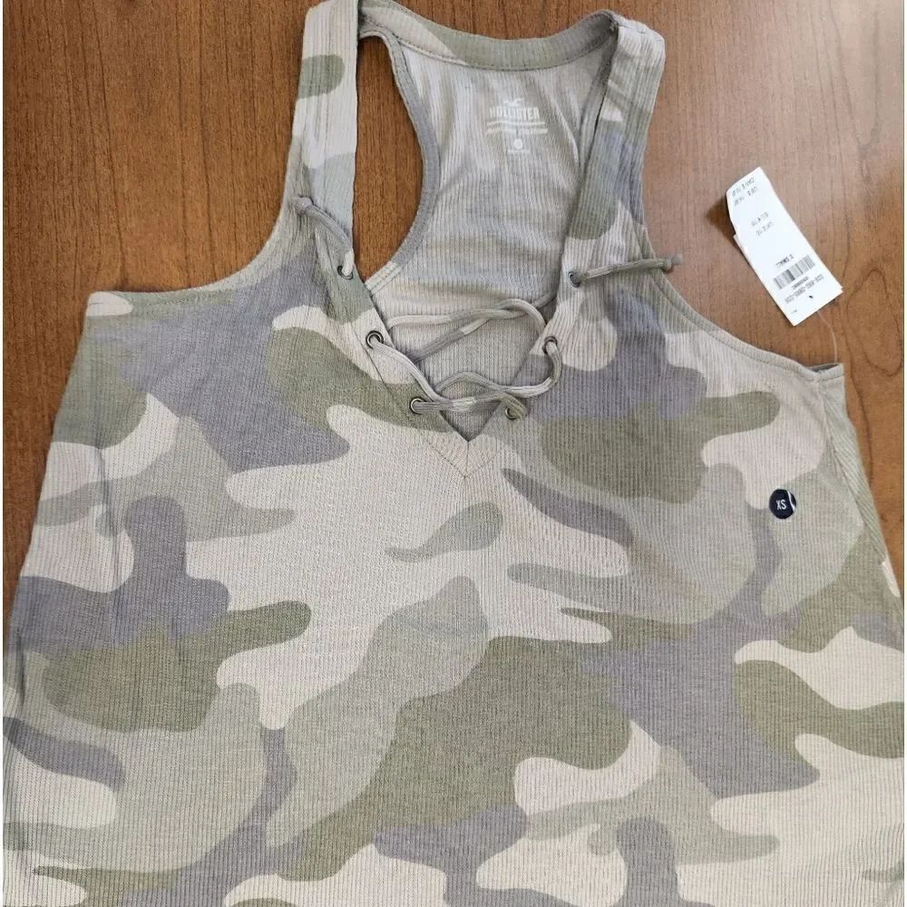 NWT Hollister xsmall camouflage tank top. Raserback tank with lace up v neck.